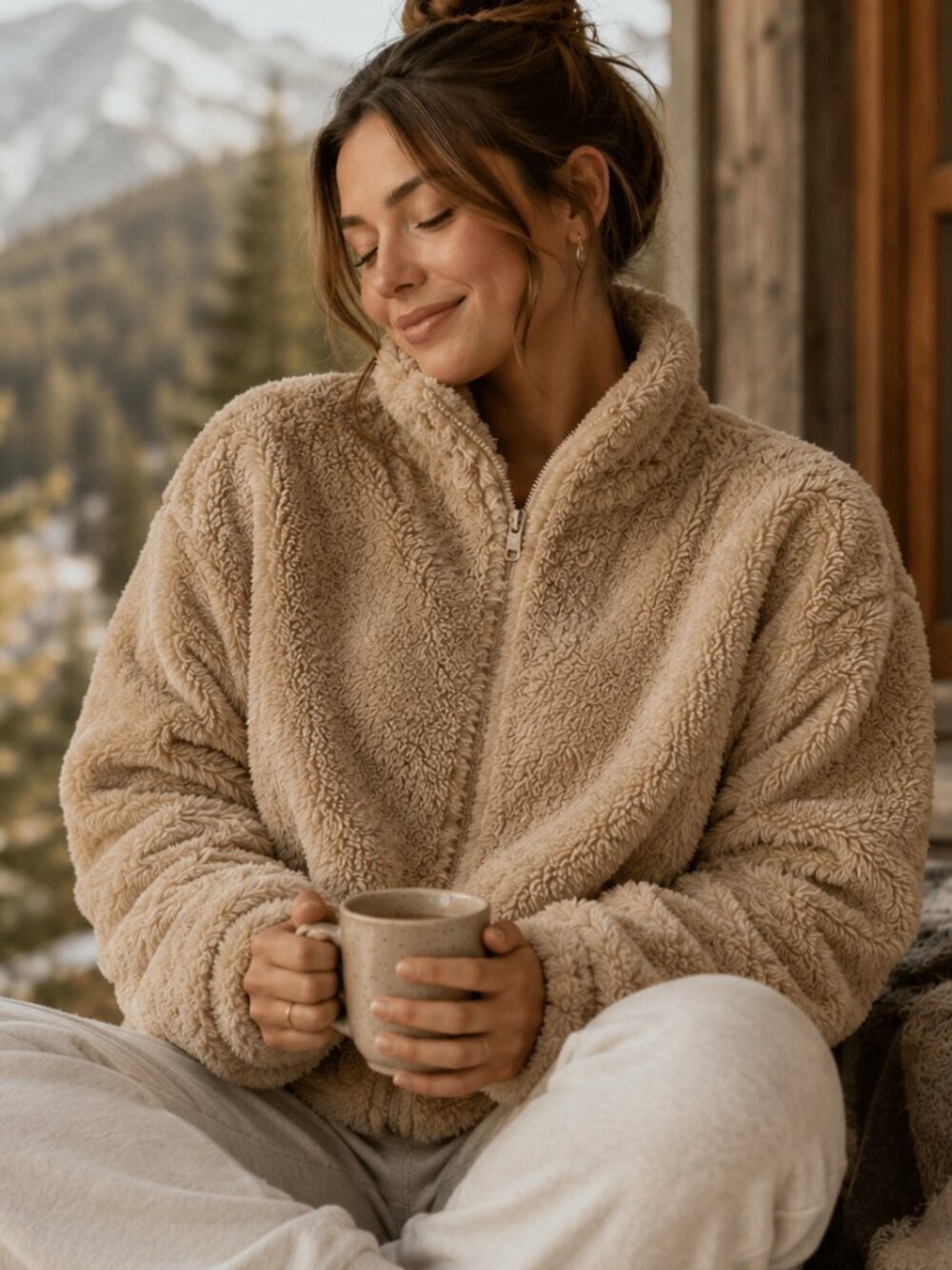 Aritzia Sunday Best Fuzzy Teddy Full Zip Sweater Tan Brown Size Small